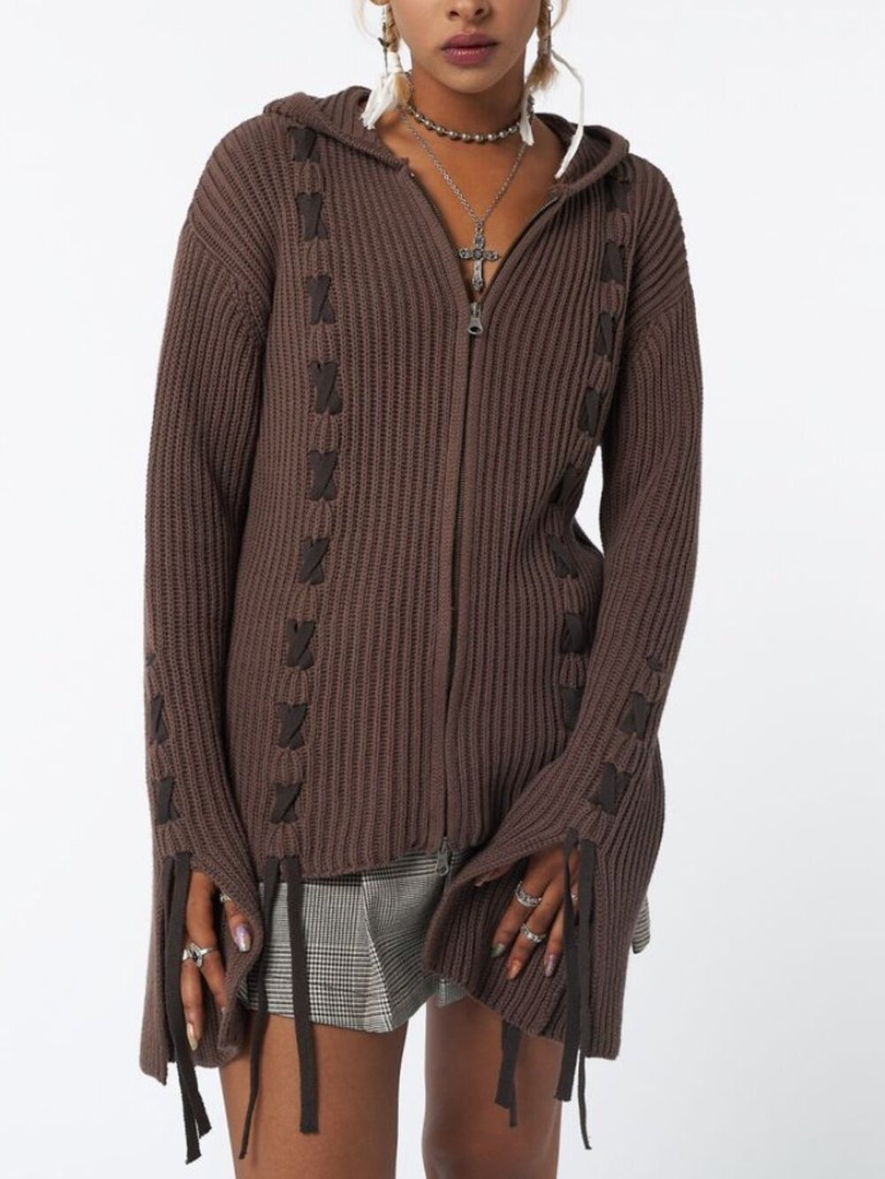 Minga London Nixie Brown Lace Up Zip Hoodie Cardigan - Picture 2 of 7